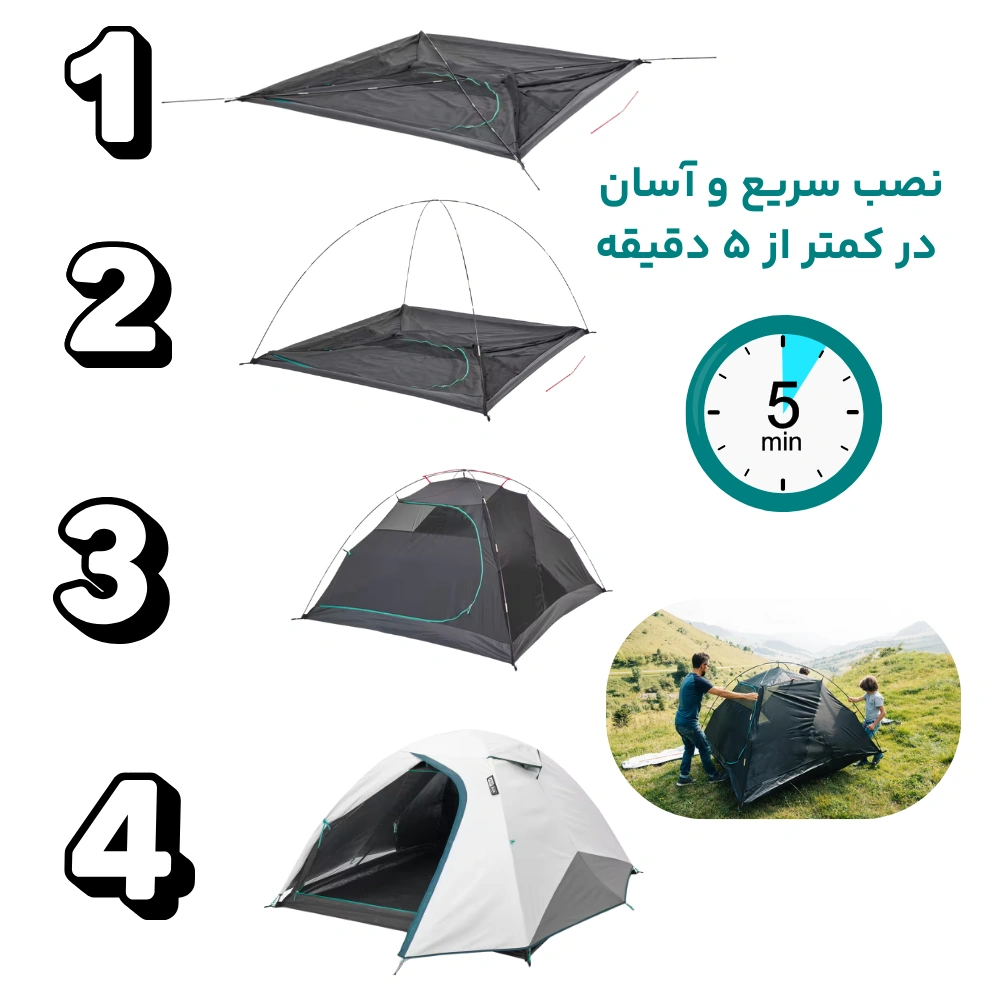 چادر مسافرتی سه نفره کچوا مدل Quechua MH100 Fresh and Black (10)