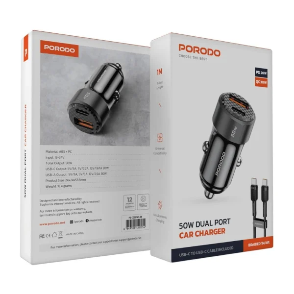 شارژر فندکی 50 وات پرودو مدل PD-CC50WC، با دو پورت PD 20W و QC 30W + کابل Type-C - تصویر 8
